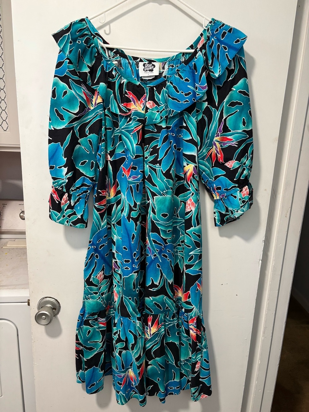 VINTAGE WOMEN'S HILO HATTIE FLORAL BIRD OF PARADISE V-NECK MIDI HAWAIIAN DRESS L